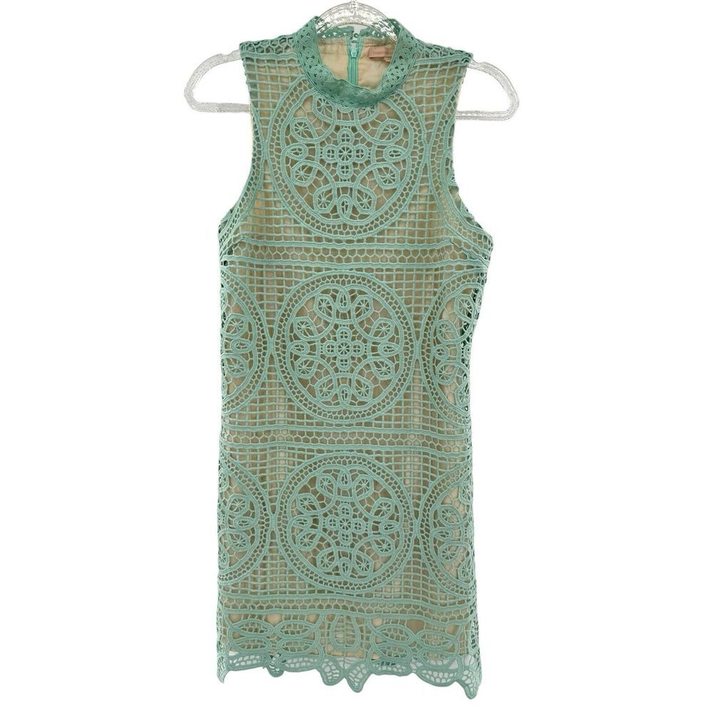Champagne & Strawberry Crochet‎ Lace Overlay Dress Medium Mint Nude Bohemian